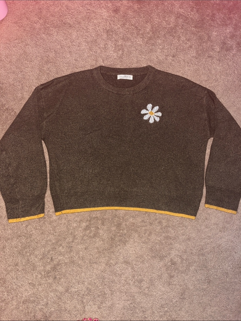 NATURAL LIFE Olive Crewneck Sweater with White Daisy and Yellow Trim